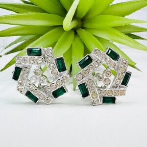 SOLD VTG Sarah Coventry Green & Clear Rhinestone Art Deco Style Clip On Earrings